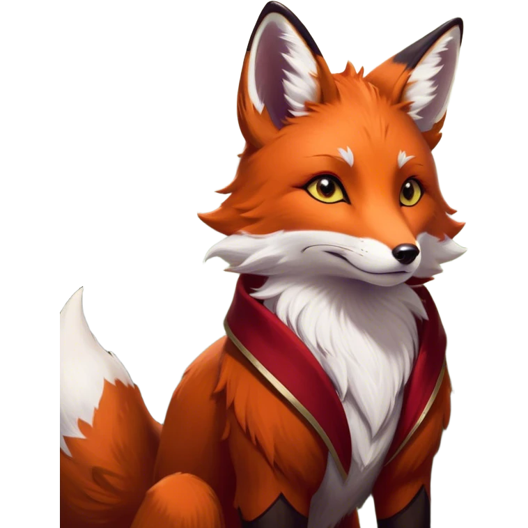 Cinematic Noble Fox Portrait Emoji, Poised and regal, with a lithe, agile build and a lush, fiery red Fur accented by white markings on the chest and tip of the tail, deep-set soulful amber eyes, Simplified yet sharp and sophisticated features, highly detailed, glowing with a warm, dignified glow, high shine, intelligent and cunning, stylized with an air of wild elegance, focused and attentive, soft glowing outline, capturing the essence of a watchful and confident forest wanderer, so majestic it feels as though it could dash out of the screen with effortless authority! emoji
