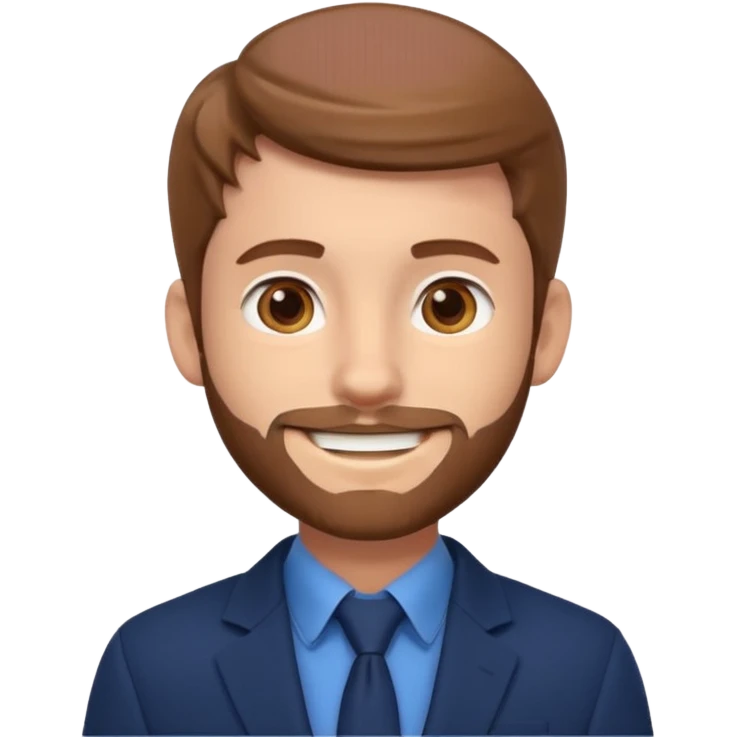 Emoji 3D estilo Apple de um jovem com pele clara, cabelo castanho claro, olhos castanho escuro, barba rala, sorrindo, de blazer elegante e brinco prateado. emoji