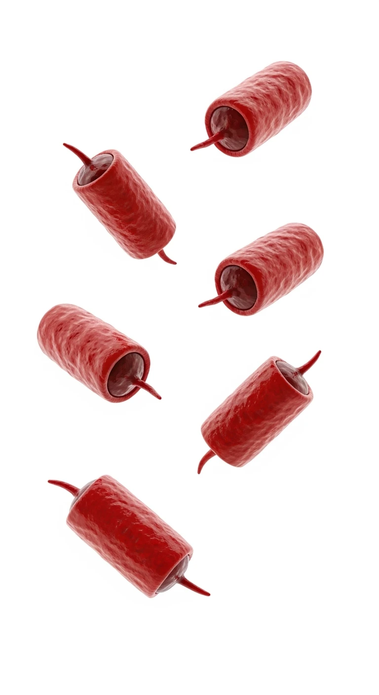 6 BATTERI DELL'INTESTINO ROSSI/BORDEAUX FLUTTUANO IN ARIA, IPERREALISTICO 4K, ISOLATI SU SFONDO BIANCO emoji
