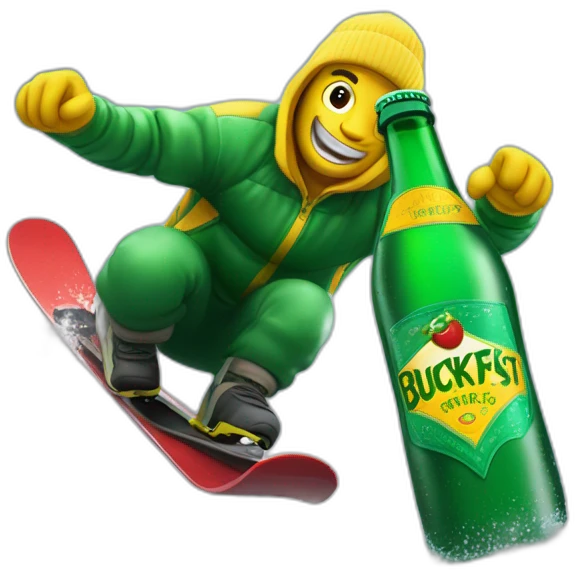 Man freestyle ski grinding over a giant green bottle of buckfast tonic wine with yellow label emoji