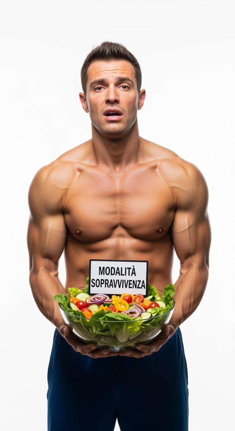 bodybuilder molto stanco e stressato con un insalata in mano, nell'insalata c'è un cartello con scritto "MODALITà SOPRAVVIVENZA", ISOLATO SU SFONDO BIANCO emoji