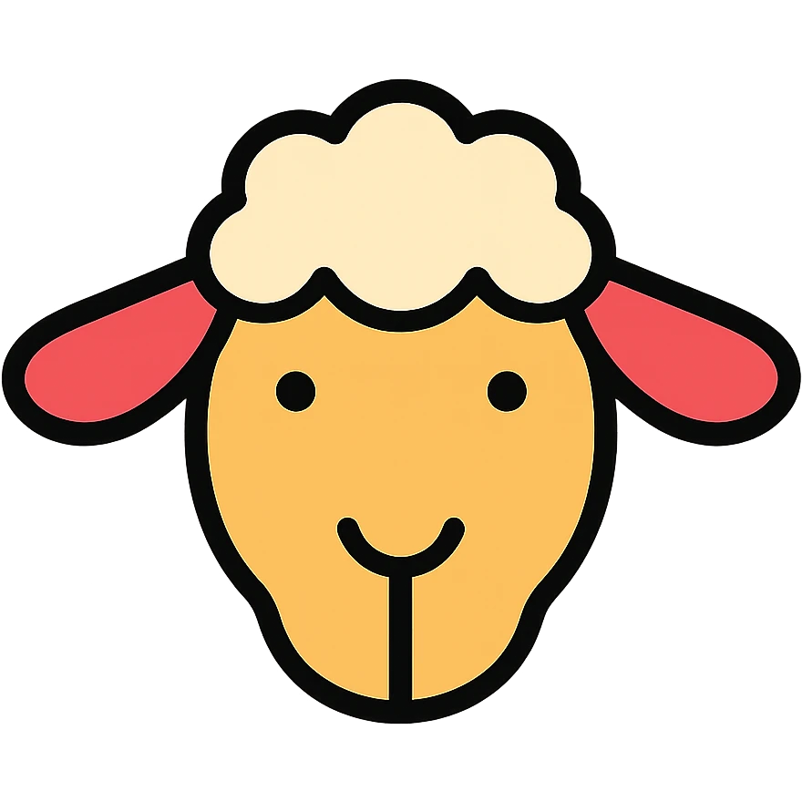 stylized sheep head icon, large ears, curved snout, fluffy wool, modern icon style emoji