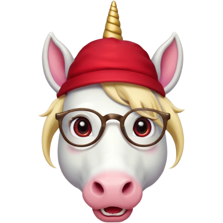 unicorn face cute wearing cute red hat, horn piercing through the hat looking in the camera, blond hair and spectacled. with big horn emoji