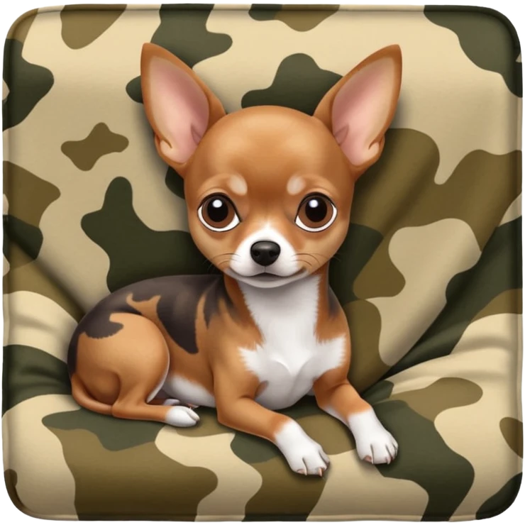Min-Pin Chihuahua curled up on a camo blanket, small and alert emoji