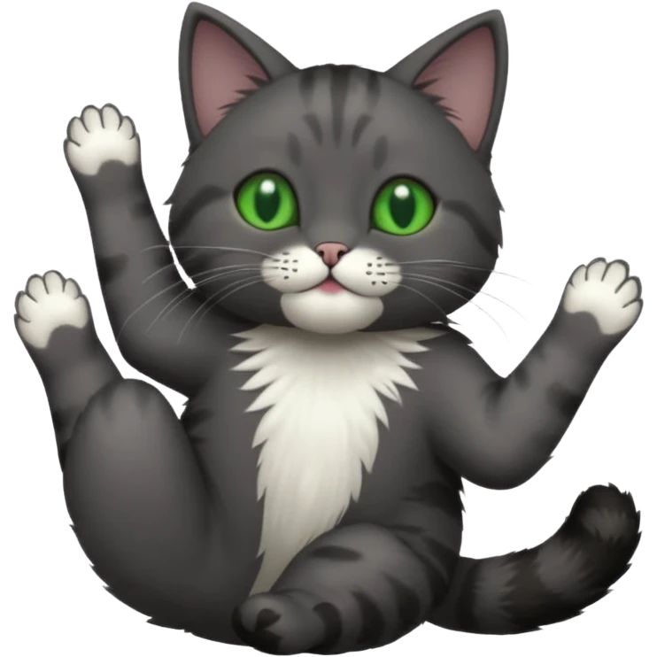 solid dark grey cat with green eyes, completely solid grey face, white toes/paws playing rolling upside down emoji