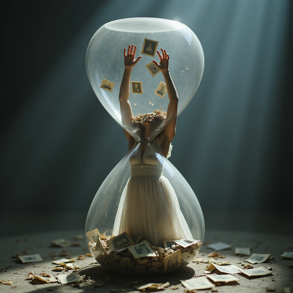 Ethereal woman trapped inside a giant hourglass, lower body buried in old photographs, hands reaching up trying to catch floating 'present moments' slipping through her fingers, hyperrealistic 4K, surreal and poetic atmosphere, soft light emoji