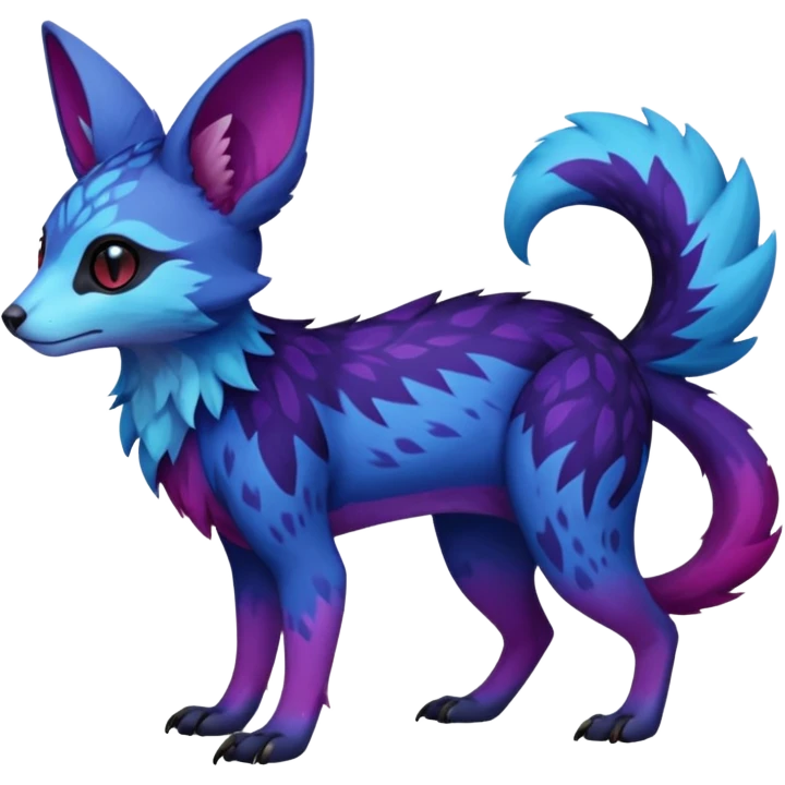 Feral Rare realistic edgy black-blue-burgundy-violet-gradients pretty beautiful handsome gorgeous aesthetic colorful vibrant Vernid-Trico-species-Fakemon-creature by LiLaiRa, random markings, tufted ears, full body emoji