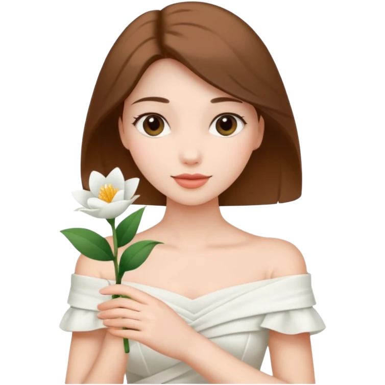Pretty lady wearing a white silky off-the-shoulder folded neckline and holding a white flower on her right hand emoji