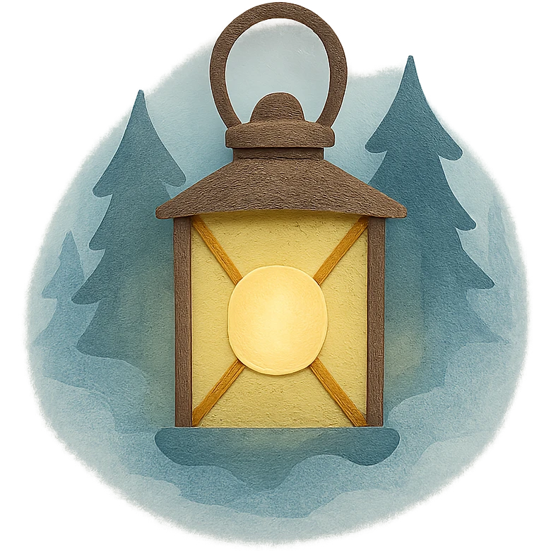 a lantern glowing softly in the misty woods, calm and dreamy feel, paper craft style emoji