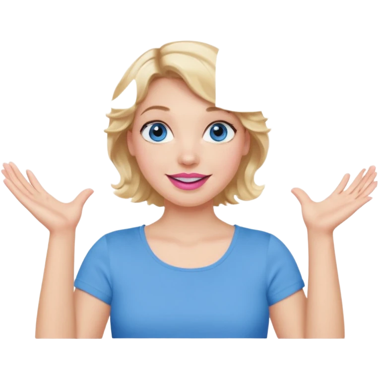 Girl Blonde short wavy hair,  blue eyes, cute blue top, long lashes, pink lips, smiling, shrugging hands raised emoji