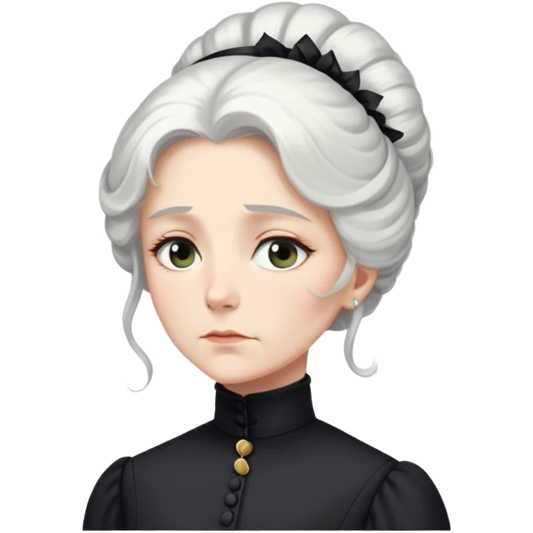 A Victorian woman with elegant coiffed white hair and light eyes wearing a modest unadorned black turtleneck mourning dress looking down with a forlorn expression emoji