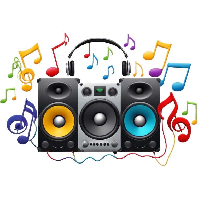 Icon for R&B Music Listening: large concert speakers and headphones with waves of musical notes coming out, along with drums and bass guitar and saxophone. The icon should convey the energetic and rhythmic vibe of R&B music. Transparent background emoji