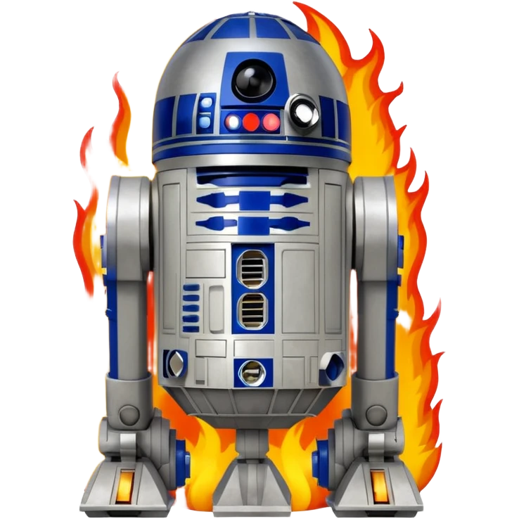 R2D2 surrounded by fire emoji