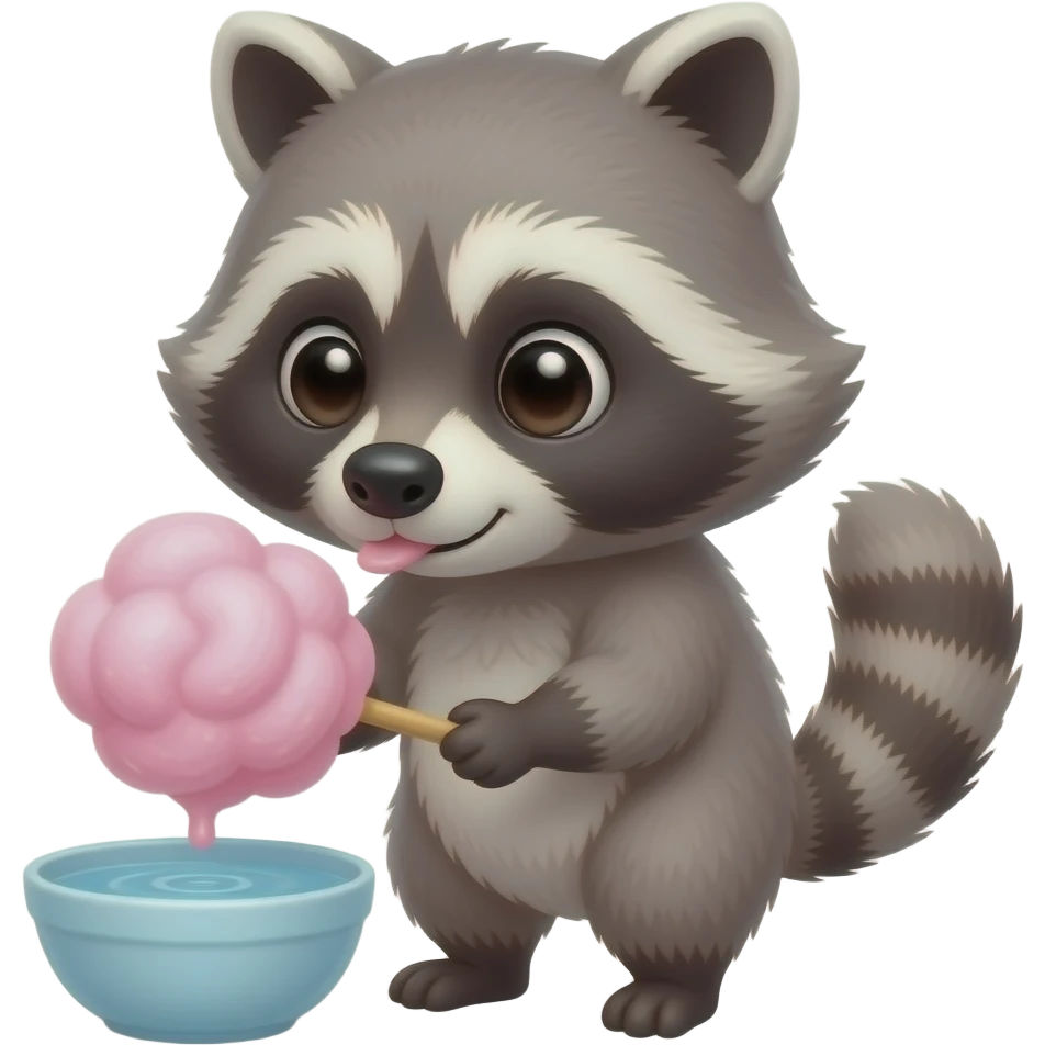 A cute raccoon dipping a pink cotton candy into a small bowl of water, washing motion, emoji style. emoji