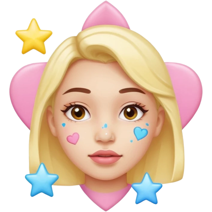 A cute emoji-style young woman with a small pimple on her cheek covered by a colorful pimple patch shaped like a star or heart,The sticker is glossy and pastel-colored (pink, yellow, blue). emoji