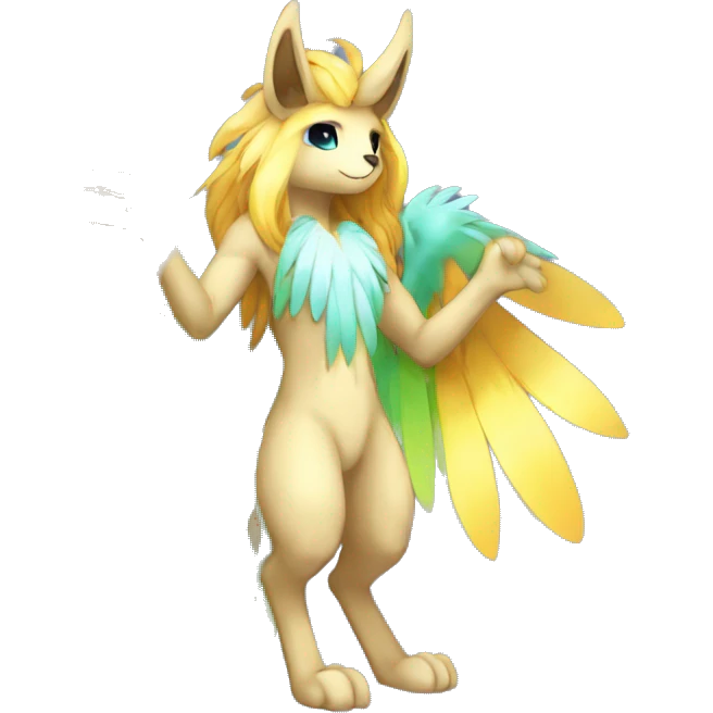 Anthro Sona Cool Cute Colorful Shy Winged Shiny Fakemon-Fantasy-Creature With Long Hair-Mane Full Body emoji