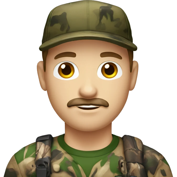 White guy with brown hair, cap, black mustache and hunting camo shirt emoji