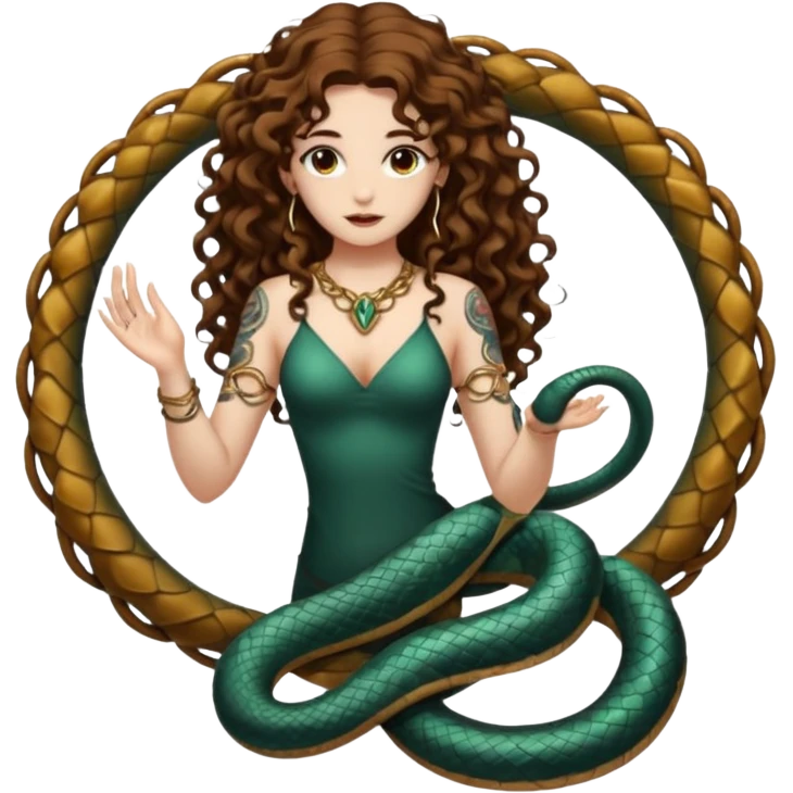 full body woman long curly brown hair brown eyes white skin tattoos ouroboros serpent ring floating behind her like halo emoji