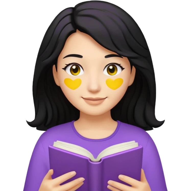검정머리에 책읽고있는 여자. 해줘. 그리고 그 책으로 얼굴 반은 가린듯한 머리는 약간 파마 앞머리 없고 그리고 너무 무섭게 말고 책 읽는다고 얼굴 반은 가린듯한 책은 흰색에 보라색 노란색 섞여있고. 약간 미소 상의는  흰옷 . 아이폰 이모티콘 형태로 부탁 emoji