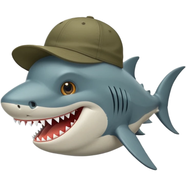 Un tiburón con aspecto gruñón pero con una sonrisa, que tenga una gorra de la marca barbas hats hacia atrás emoji