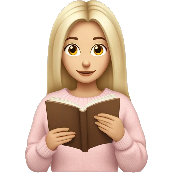 Pretty brown eyed white girl with light pink sweater reading cozy emoji