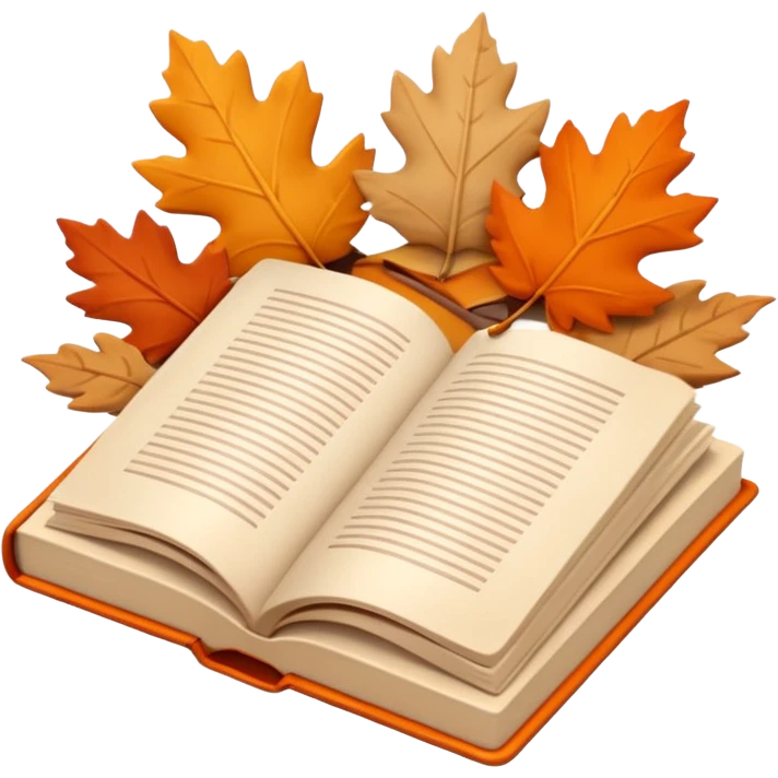 A cute 3D emoji of an open book with autumn leaves around it, cozy fall colors (orange, brown, beige), playful and modern style, glossy finish, minimalistic but expressive, symbolizing a Fall Reading Challenge. emoji