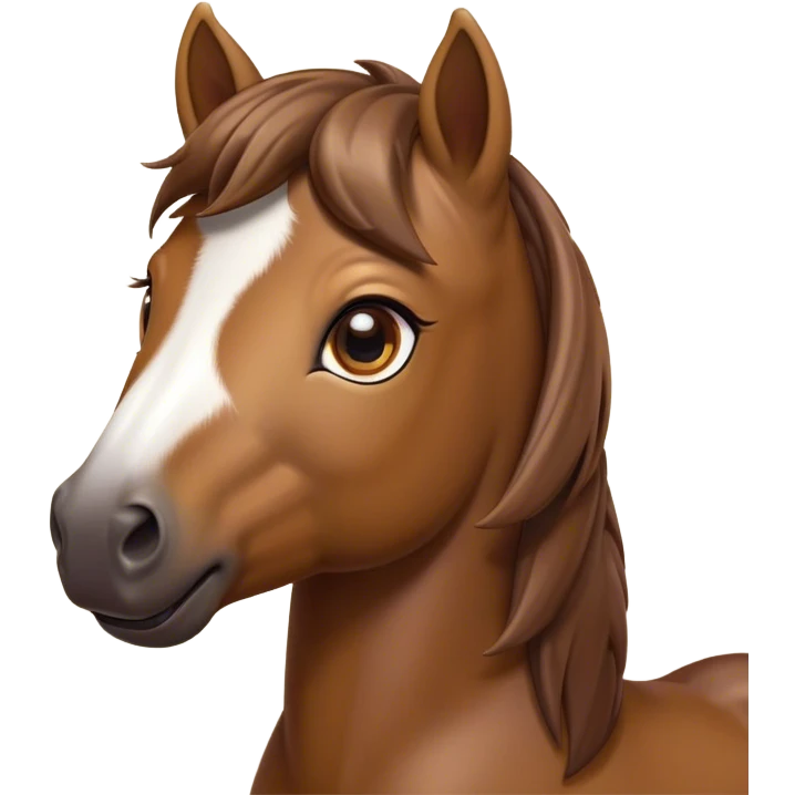 Cinematic Cute Brown Welsh Pony Portrait Emoji, Head tilted playfully and inquisitively, featuring a compact, charming form with a glossy, deep brown color, round, sparkling eyes full of gentle mischief, and a sweet, soft muzzle, Simplified yet irresistibly adorable features, highly detailed, glowing with a warm, inviting glow, high shine, affectionate and lively, stylized with a touch of rustic whimsy, soft glowing outline, capturing the essence of a mischievous yet endearing brown Welsh pony that seems as if it could prance out of the screen into your arms! emoji