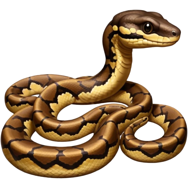 A photo-realistic digital illustration of a Ball Python, chest upward, with a short, rounded head, thick body, and a calm, curious expression. It has a warm brown base color with irregular dark blotches shaped like “alien heads,” and matte-textured scales that emphasize its small, stocky form. emoji