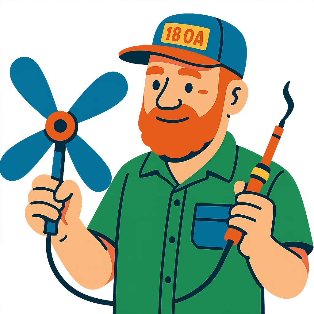 older technician with a beard, holding a propeller and soldering iron, cap with "18 ОА" text emoji