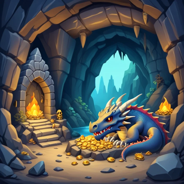 Dragon lair in a mountain cave with treasure piles and bones emoji