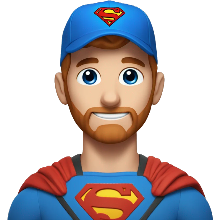 Superman with a goat, blue eyes, reddish hair, freckles, redidsh beard, hat backwards emoji