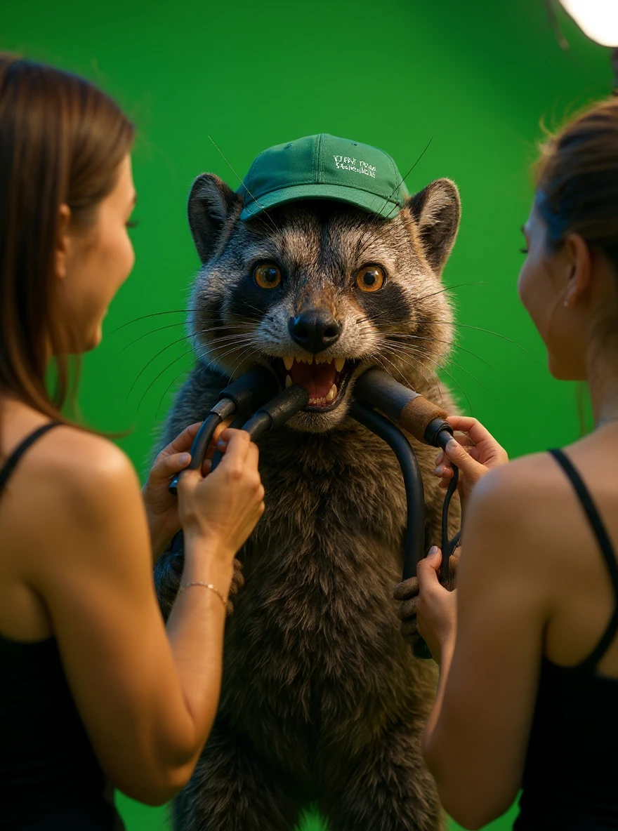 Make this raccon looking cute and make him on a movie set, with a green screen in the background, a raccoon actor is smiling while women are putting makeup on him. The raccoon gives a thumbs up, soft bright light, raccoon wearing green emeralnd color cap, remove cables emoji