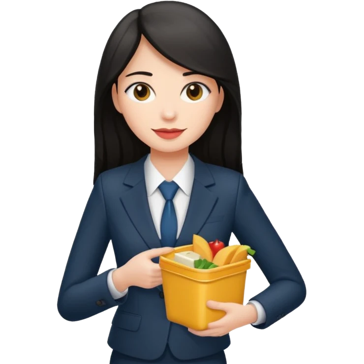long dark haired woman with suit holding food container emoji