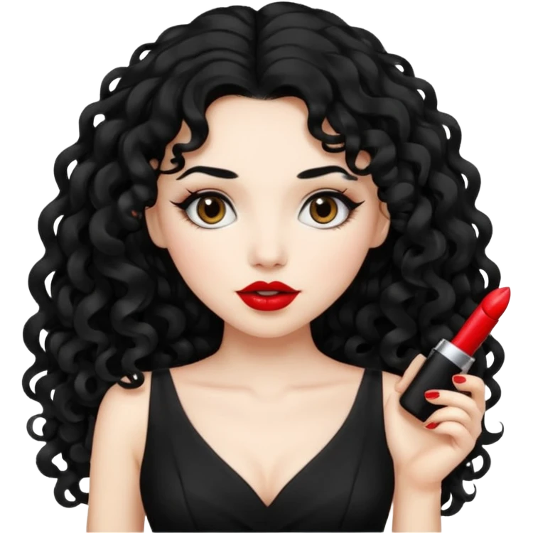 long black curly hair with white skin black dress and lipstick emoji