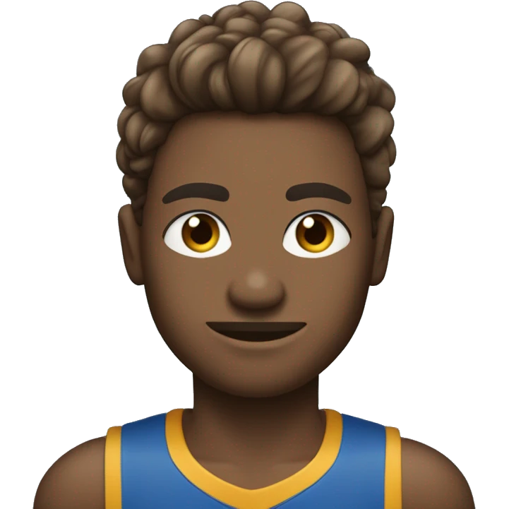 cabelo marrom, pele beje claro, olho marrom e uma camiseta azul emoji