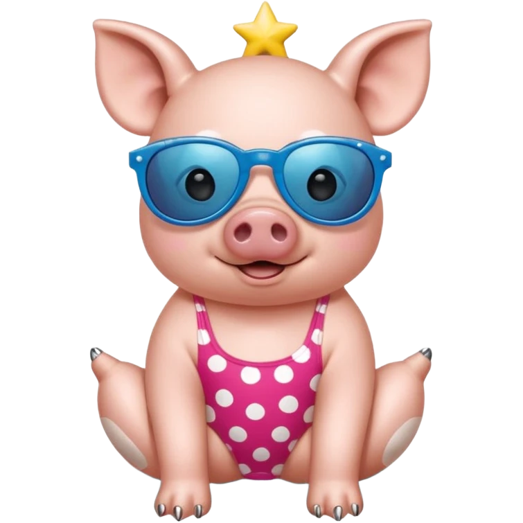 cute pig wearing  star-shaped sunglasses and polka dot bathing suit on all fours with nail polish, with a name tag saying hi my name is gerald emoji