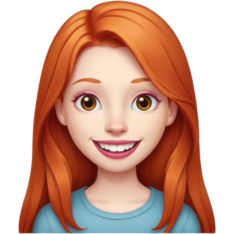 Young girl with pale skin, longer face, full pink lips smiling with big teeth, very long straight ginger red hair (no blonde at all), big brown eyes, bigger nose, big mouth emoji