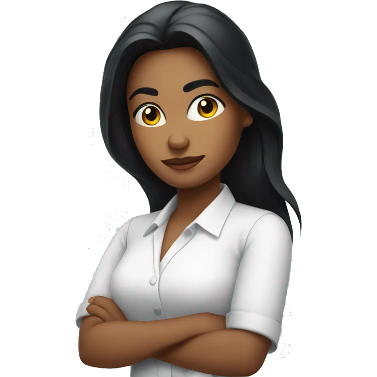A woman with a confident expression, arms crossed, long black hair, wearing a bright white shirt
 emoji
