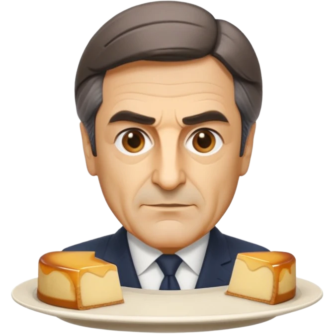 apple style emoji bust of François Fillon, all features sculpted from uniform slightly translucent beige flan, no separate colors for hair, eyes, or skin, all flan, on a white plate emoji