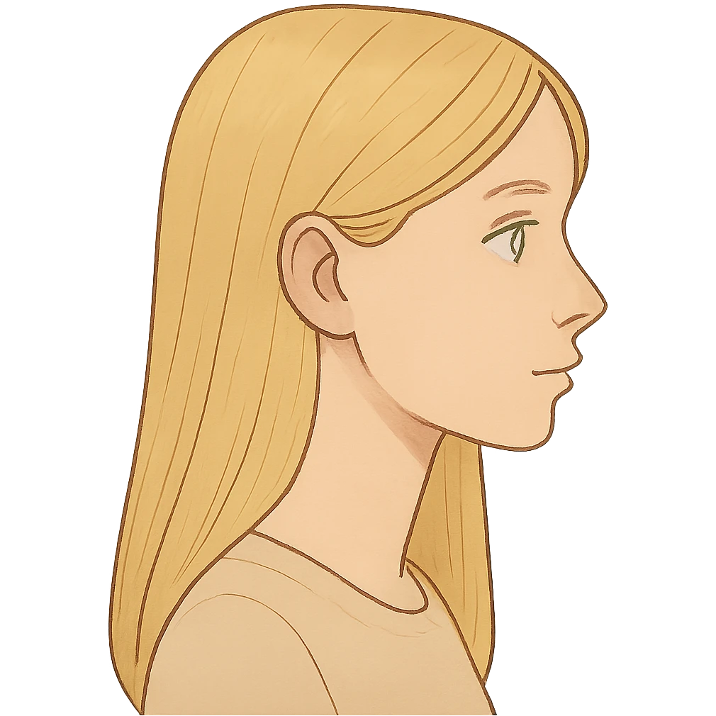 blonde girl with blue eyes, straight hair, side profile, general illustration style emoji
