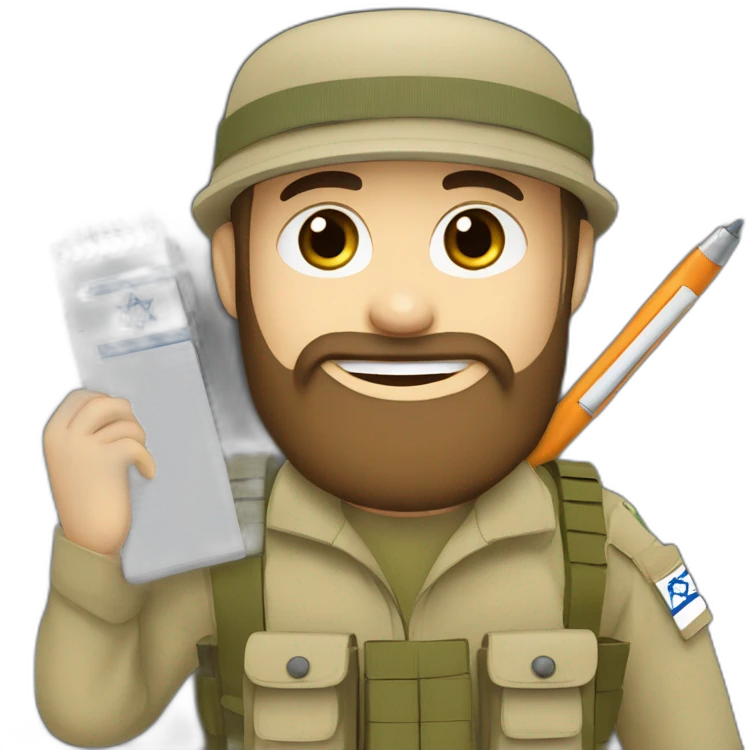 pale brown bearded israeli flag IDF soldier happy holding notebook and pen and stationary emoji