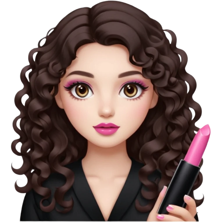 A girl with long dark brown hair styled in loose 36mm curls, beautiful round-almond eyes with long curled lashes in Douyin style. Her makeup is cool-tone neutral. She’s holding a pink lipstick similar to Rhode’s shade in one hand. emoji