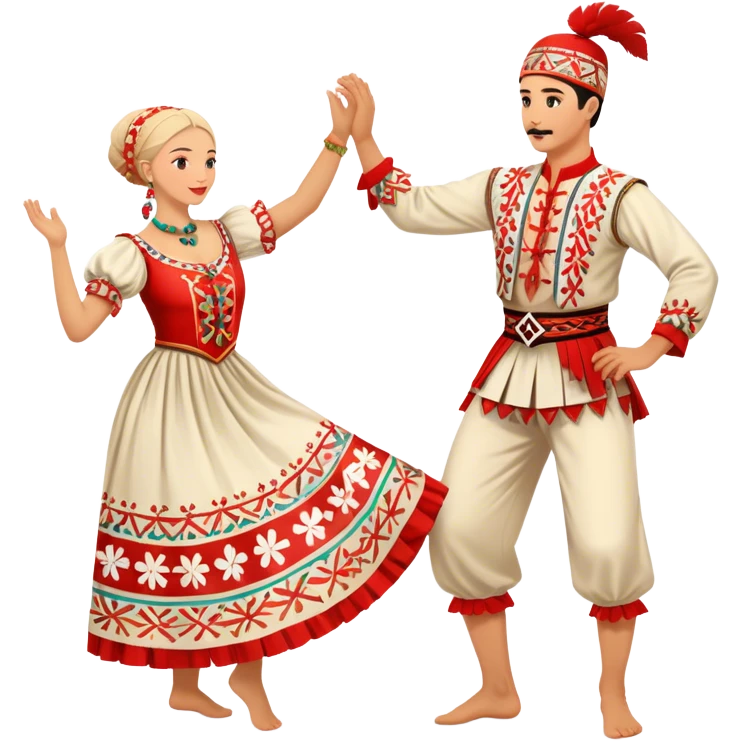 Cinematic Realistic scene of two performers engaging in the Croatian Linđo folk dance, adorned in vibrant traditional costumes with intricate patterns and accessories, captured in graceful, synchronized motion under festive natural lighting. emoji