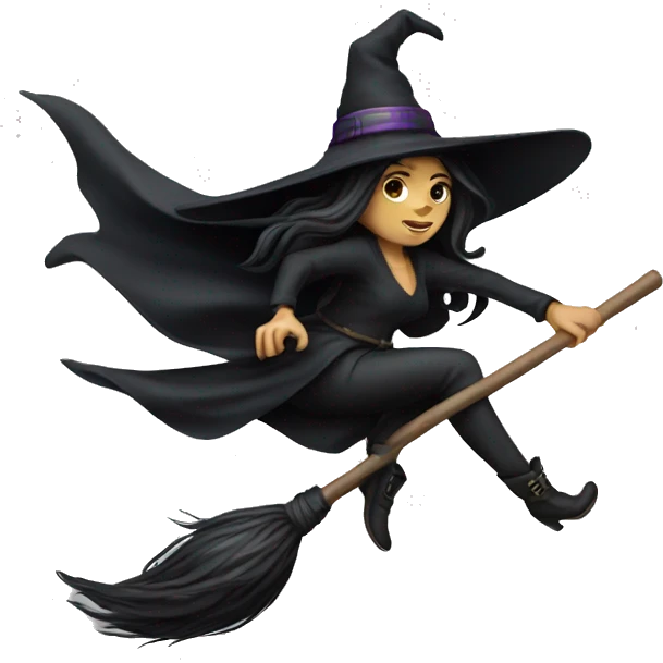 dark long hair witch flying on a broom white skin emoji
