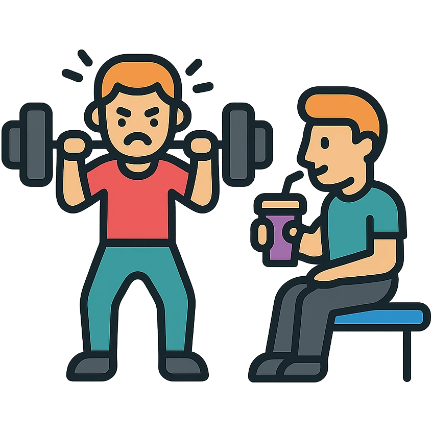one man lifting weights with effort, the other man sitting and sipping a smoothie, icon style, minimal and clear contrast emoji