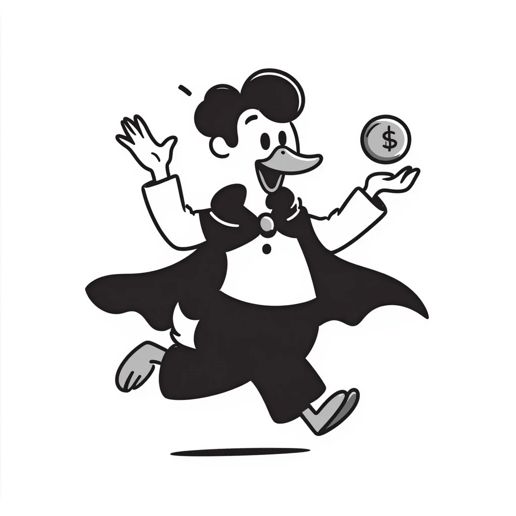 A cool duck in a mysterious black cloak flipping a silver coin emoji