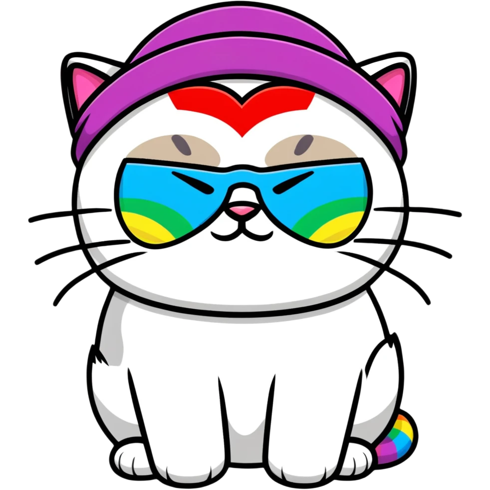 grumpy cat wearing a rainbow beanie and heart-shaped sunglasses emoji