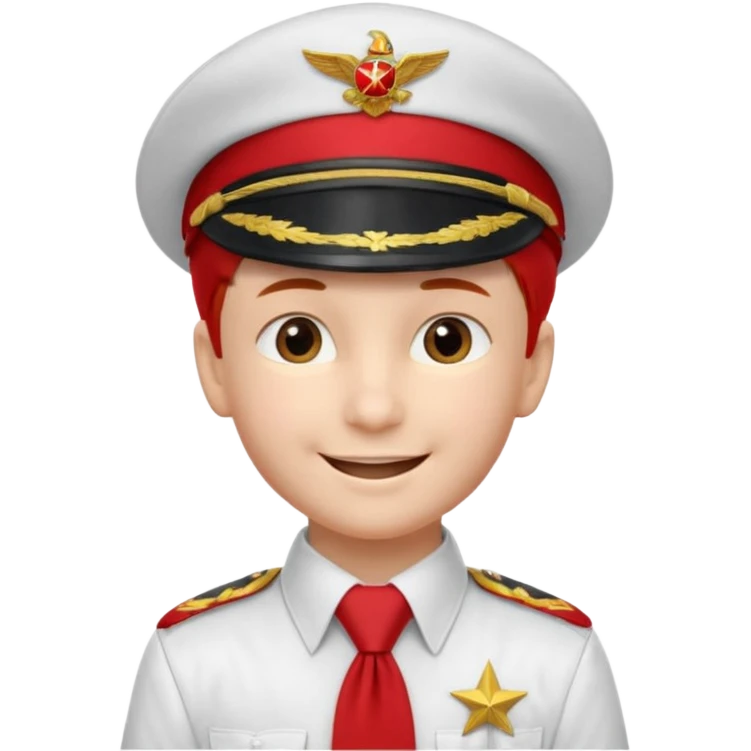 A Soviet pioneer emoji — smiling young boy wearing a white shirt with a bright red pioneer necktie and a classic red pilotka cap. The pilotka should look like a Soviet military cap, not a cowboy hat. Flat, smooth 3D shading emoji
