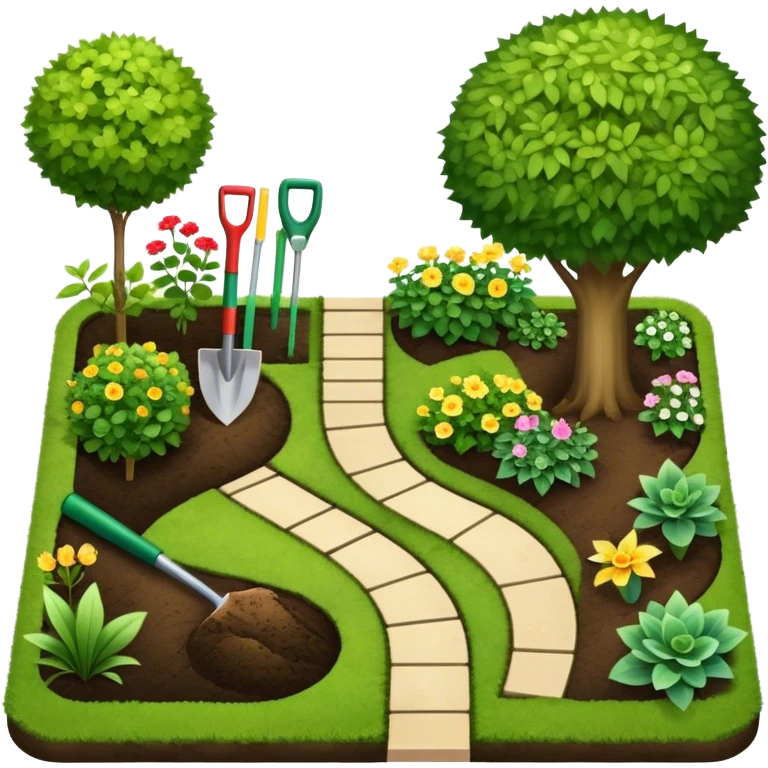 Icon for Landscape Design: a garden layout with plants, trees, paths, and design tools like a spade, pencil and measuring tape. The icon should represent creativity in outdoor space planning and gardening. Transparent background. emoji