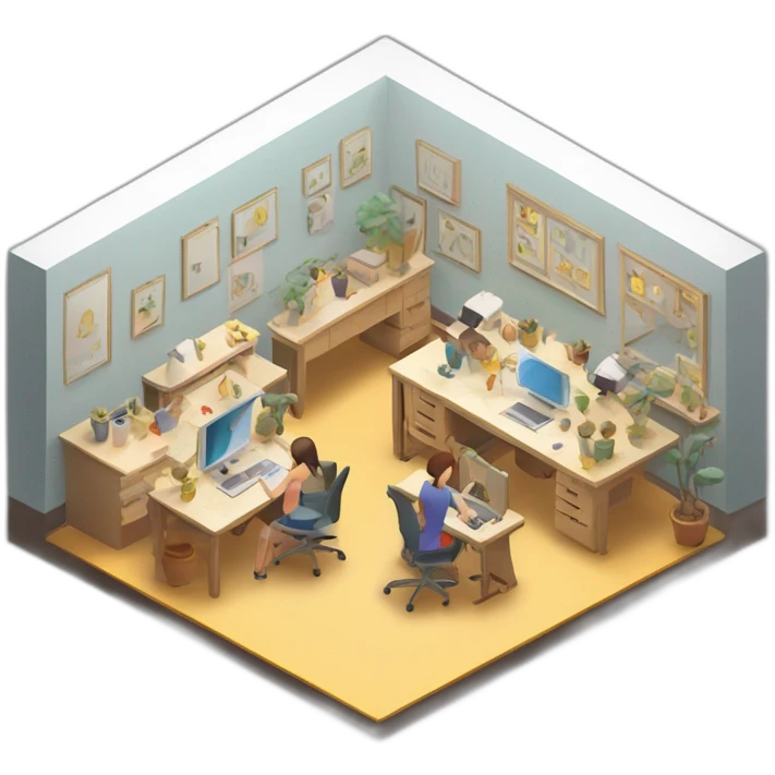 isometric square transparent solid outline border containing indoor creative workshop people actively working emoji